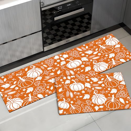 APROPHIC Küchenmatte mit Herbstkürbismotiv, 2er-Set, Orange, Erntedankfest, Ernte, Kürbis, Weizen, Pflanzen, Matte für Dekoration, Flur, Waschbecken, Waschküche, Boden, rutschfest, waschbar, 43,2 x 61 APROPHIC Küchenmatte mit Herbstkürbismotiv, 2er-Set, Orange, Erntedankfest, Ernte, Kürbis, Weizen, Pflanzen, Matte für Dekoration, Flur, Waschbecken, Waschküche, Boden, rutschfest, waschbar, 43,2 x 61 von APROPHIC
