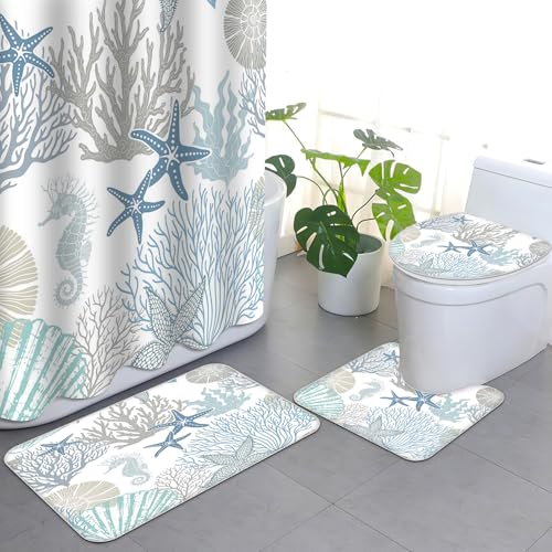 APROPHIC Ocean Duschvorhang Set 4 Teiliges Unterwasserwelt Meerestiere Badezimmer Set mit Duschvorhang und Teppich, Toilettendeckelmatte und U-Förmigem Pad Waschbar with 12 Haken APROPHIC Ocean Duschvorhang Set 4 Teiliges Unterwasserwelt Meerestiere Badezimmer Set mit Duschvorhang und Teppich, Toilettendeckelmatte und U-Förmigem Pad Waschbar with 12 Haken von APROPHIC