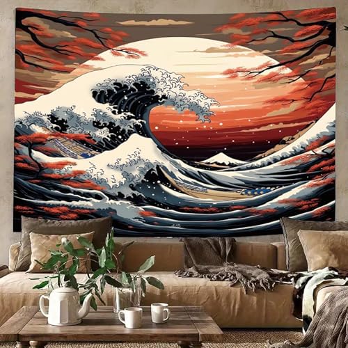 APROPHIC Riesenwelle Wandteppich Japan Ozean Welle Wandteppich Vintage Anime Wandteppich Ästhetik Kanagawa Wandteppich Sonnenuntergang Wandteppich Raum Wandteppich 150x130 cm von APROPHIC