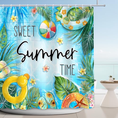 APROPHIC Sommer Duschvorhang 180 x 180cm, Sommerpool Schwimmring Duschvorhänge, Grüne Blätter, Blumen Sweet Summer Time Badezimmer Dekoration Wasserfest Maschinenwaschbar mit 12 Haken von APROPHIC