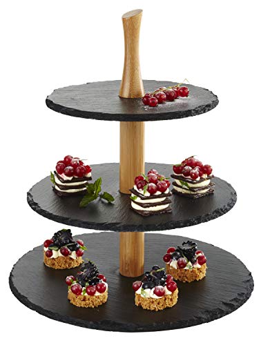 APS 3-stufige Etagere, Schieferplatten, Ø 30 cm, Ø 25 cm, Ø 20 cm, H:34 cm, Akazienholz von APS