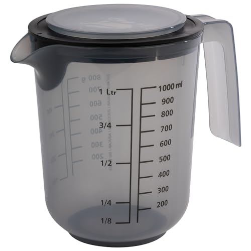 APS 30072 Rührbecher mit Deckel - Messbecher mit Maßskalen für Flüssigkeiten (l/ml), Zucker (g) und Mehl (g) / Volumen 1 Liter/Ø 12,5 cm/Höhe 16 cm/spülmaschinengeeignet, french grey von APS