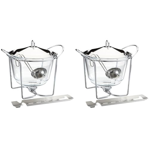 APS 65065 Feuerzangenbowle Set, Zuckerzange, Feuerzange, Punschgefäß, Glasschale, Edelstahldeckel, hochglanzpoliert, Stövchen, verchromt, Schöpfkelle, für ca. 4 Liter (Packung mit 2) von APS