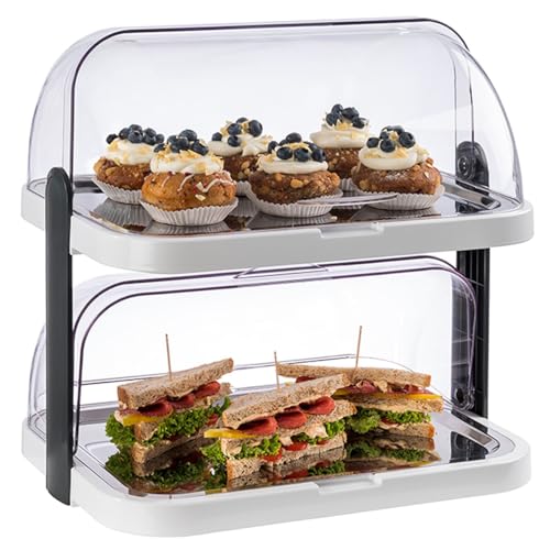 APS 9200 Buffetvitrine „Doppeldecker“ – 2 beidseitig aufklappbare, transparente Rolltophauben, 2 Edelstahl-Tabletts, 4 Kühl-Akkus, platzsparend lagerbar – Made in Germany, Weiß, Groß von APS