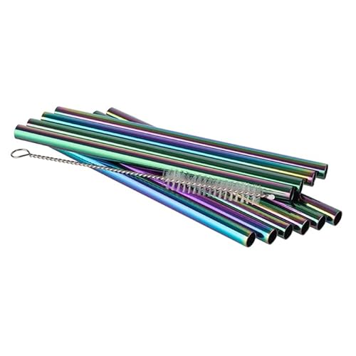 APS 93393 Trinkhalme aus Edelstahl, 10er-Set, inkl. Reinigungsbürste, Ø 8 mm, Länge 15 cm, Regenbogen-Look von APS