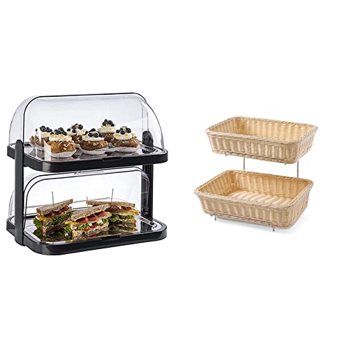 APS Buffetvitrine „Doppeldecker“ – 2 beidseitig aufklappbare, 2 Edelstahl-Tabletts, 4 Kühl-Akkus, Schwarz & HENDI 561201 Brotkorb-Display, Set aus 2 Brotkörben mit Chromgestell, 360x280x(H) 315mm von APS