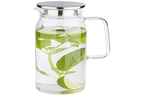 APS Glaskaraffe für Wasser und Limonade, Glasbehälter (Ø x H): 10 x 26 cm mit Edelstahldeckel und Doppelfunktion, Ausgießer mit integriertem Sieb, 1,5 Liter von APS