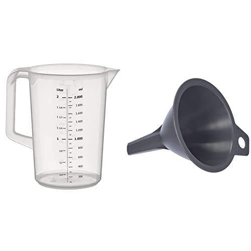 APS Messbecher 2 Liter, Ø 15,5 x H: 21 cm, 1- und ml-Liter- Einteilung, spülmaschinengeeignet & Fackelmann Trichter Ø 11 cm, Einfülltrichter für Flaschen und Gläser (Farbe: Grau), Menge: 1 Stück von APS