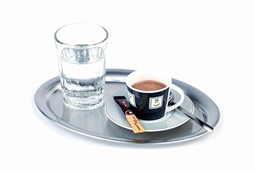 APS Serviertablett „Kaffeehaus“, klassisches Wiener Kaffeehaus Tablett, Edelstahl Tablett, matt poliert, oval, Rand eingerollt, 19 x 15 cm, 1 cm Höhe von APS