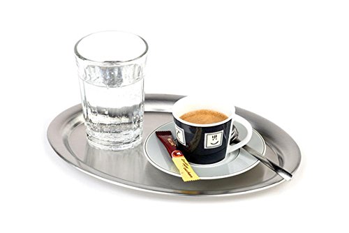 APS Serviertablett „Kaffeehaus“, klassisches Wiener Kaffeehaus Tablett, Edelstahl Tablett, matt poliert, oval, Rand eingerollt, 29 x 22 cm, 1 cm Höhe von APS