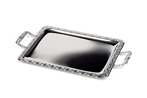 APS Tablett "SCHÖNER ESSEN" - Edelstahl Tablett mit Dekorrand, Griffe Zinkdruckguss verchromt, genietet, 75 x 44,5 cm, rechteckig von APS