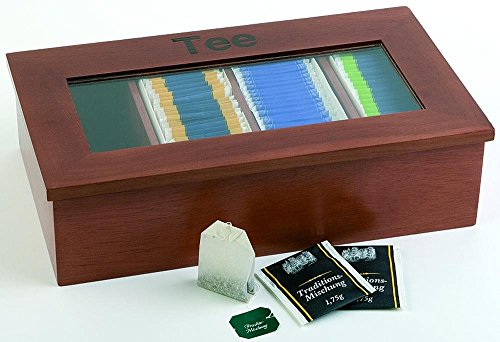 APS Teebox – Premium Tee-Holzbox mit Sichtfenster, 4 Kammern für jeweils 30 kuvertierte Teebeutel, Deckel bleibt offen stehen von APS
