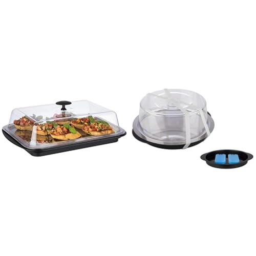 APS Thermo-Set 6-teilig – Hochwertiges Tablett-Set & 9094 Thermo Tablett Set, Set bestehend aus 1 stabilen Schale, 1 Edelstahl Tablett, 2 Kühlakkus, 1 Frischhaltehaube, Ø 35 cm, Höhe 15 cm, schwarz von APS