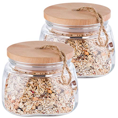 APS Vorratsglas „Woody“ 2er-Set - Hochwertiges Glasbehältnis mit Deckel aus Holz – Durch die Silikondichtung bleibt das Aroma des Inhaltes länger vorhanden – 1 Liter, Aufbewahrungsbehälter von APS