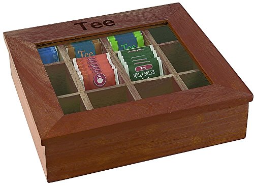 APS 11776 Teebox, 31 x 28 cm, H: 9 cm, rHolz (Rubberwood), rot-braun, Sichtfenster aus Acryl von APS