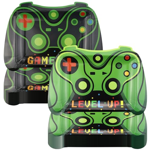 APUXXJUPA 40 Stück Videospiel-Papierteller, grüne Videospiel-Geburtstagsdekorationen Level up Partyteller für Kinder Gaming Party Supplies, 23 x 32 cm von APUXXJUPA