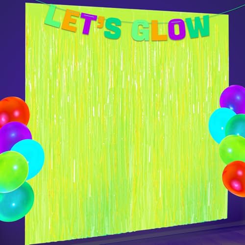 Partyzubehör, leuchtet im Dunkeln, 2 Stück, gelb, leuchtende Party-Fransenvorhänge, metallische Lametta-Folie als großer Eingang für Neon-Party-Dekorationen, 1 x 2 m Partyzubehör, leuchtet im Dunkeln, 2 Stück, gelb, leuchtende Party-Fransenvorhänge, metallische Lametta-Folie als großer Eingang für Neon-Party-Dekorationen, 1 x 2 m von APUXXJUPA