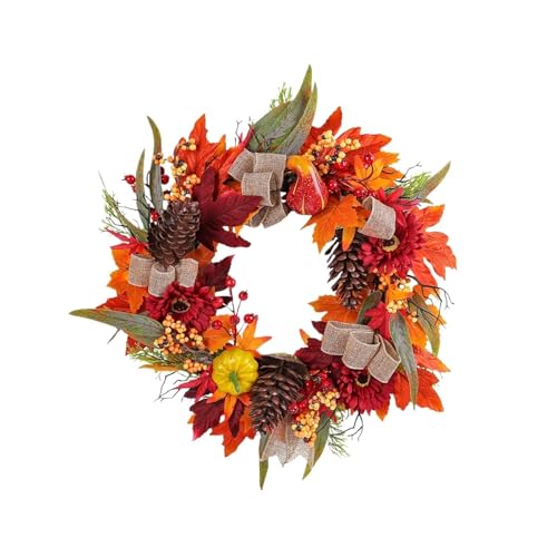 Herbstkränze for die Haustür im Freien, Herbst-Kiefernzapfen-Kürbis-Girlande mit Ahornblättern, Dekoration for Zuhause, Thanksgiving(D-45cm) von APVPOPOKGM