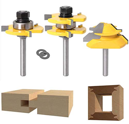45 Grad Lock Mitre Router Bit, APLUS Holzfräser, Nutfräser + 1/4 Inch 6,35 mm Schaft Zungenschaft und Nutfräse Set 3 Zähne in T-Form Cutter aus Holz für Holzarbeiten von APlus