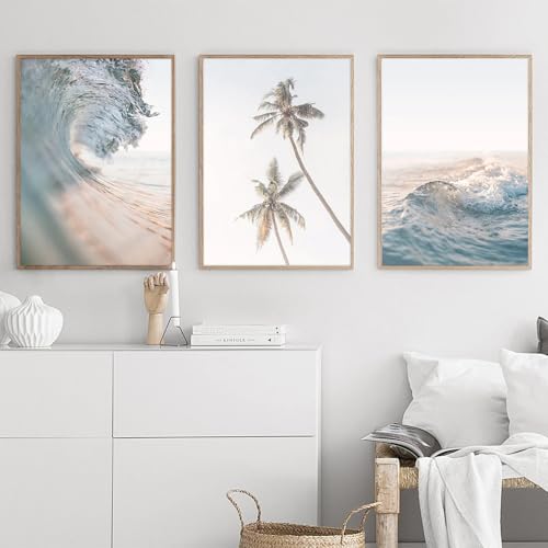 3er Poster Set, Strand Meerblick Kunst Bilder, Blauer Himmel Meer Wand Kunstdrucke, Schlafzimmer Wohnzimmer Mode Wanddekoration, Ohne Rahmen (50x70 cm) von AQCQDQ