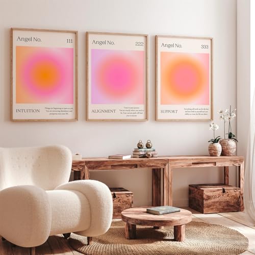 3er Set Rosa Farbverlauf Aura Nummer Wandbilder, Aura Displays 3er Leinwand Set Deko Aesthetic Poster & Kunstdrucke, Romantisches Halo Bunte Schmetterlinge Teen Mädchen Zimmer Deko (30x40 cm,#C) von AQCQDQ