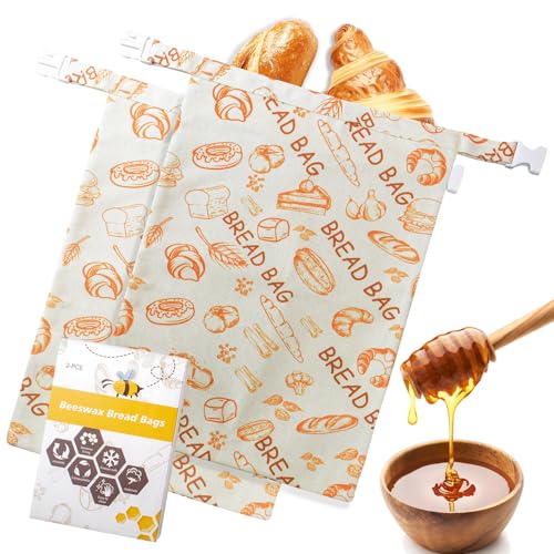 AQCQDQ 2er Set Wiederverwendbare Bienenwachs Brotbeutel, Brotbeutel für hausgemachtes Brot, Baumwoll Brotbeutel mit Bienenwachs-Futter für Sauerteig & Brotaufbewahrung von AQCQDQ