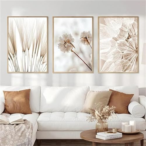 AQCQDQ 3er Beige Poster Set, Boho Weiße Blumenbilder, Modern Premium Beige Wandbilder, Natur Leinwandbilder für Wohnzimmer Schlafzimmer – Ohne Rahmen (40x50 cm,D) von AQCQDQ