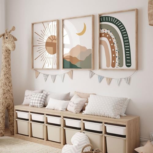 AQCQDQ 3er Kinderzimmer Poster Set, Karikatur Regenbogen Sonne Bilder, Babyzimmer Deko Leinwand Bilder Wandbilder, Boho Babyzimmer Deko Wandposter Für Kinder Junge Mädchen, Ohne Rahmen (50 x 70 CM) von AQCQDQ