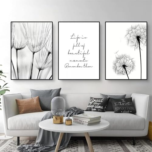 AQCQDQ 3er Poster Set, Löwenzahn Bilder Set, Modern Schwarz Weiß Pusteblume Feder Leinwandbilder Wandbilder Kunstplakat Wanddeko - ohne Rahmen (40x50 cm,C) von AQCQDQ