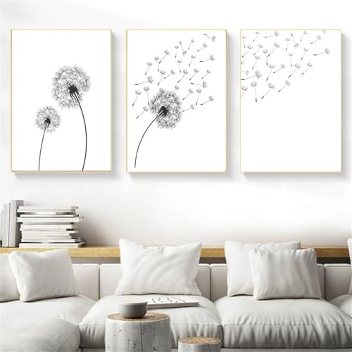 AQCQDQ 3er Poster Set, Löwenzahn Bilder Set, Modern Schwarz Weiß Pusteblume Feder Leinwandbilder Wandbilder Kunstplakat Wanddeko - ohne Rahmen (40x50 cm,G) von AQCQDQ
