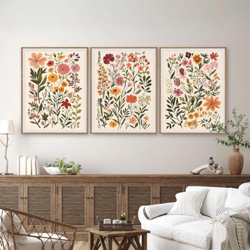 AQCQDQ 3er Poster Set Wohnzimmer, Natur Bunte Blumen Poster Dopamin Decor, Rosa Aesthetic Bilder Kunstdruck, Warm Fresh Wildflower Bouquet Ohne Rahmen Leinwand Teen Mädchen Zimmer Deko (50x70 cm) von AQCQDQ