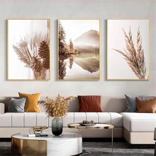 AQCQDQ 3er Poster Set Wohnzimmer Beige Boho Pampasgras Bilder Modern Beige Bilder Wanddeko Schilf Natur Beige Leinwandbilder - Ohne Rahmen (21x30 cm,A) von AQCQDQ