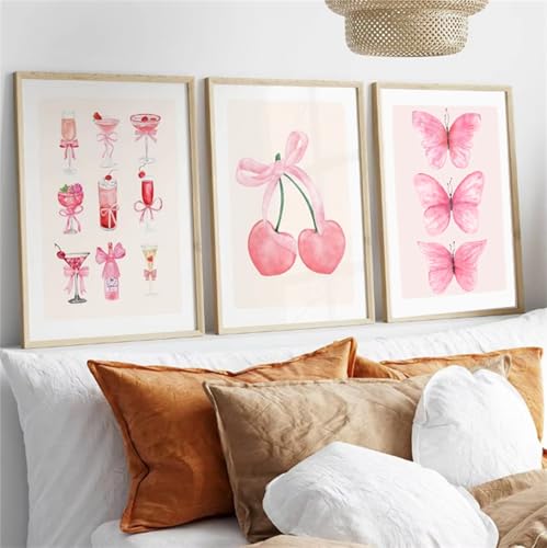 AQCQDQ 3er Rosa Poster Kirschen, 3er Set Rosa Farbverlauf Aura Kirsche Wandbilder, Poster Schleife Kirche Rund Modern Aesthetic Bilder Room Decor Teenager Mädchen, Ohne Rahmen (21x30 cm,#04) von AQCQDQ