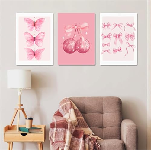AQCQDQ 3er Rosa Poster Kirschen, 3er Set Rosa Farbverlauf Aura Kirsche Wandbilder, Poster Schleife Kirche Rund Modern Aesthetic Bilder Room Decor Teenager Mädchen, Ohne Rahmen (30x40 cm,#05) von AQCQDQ