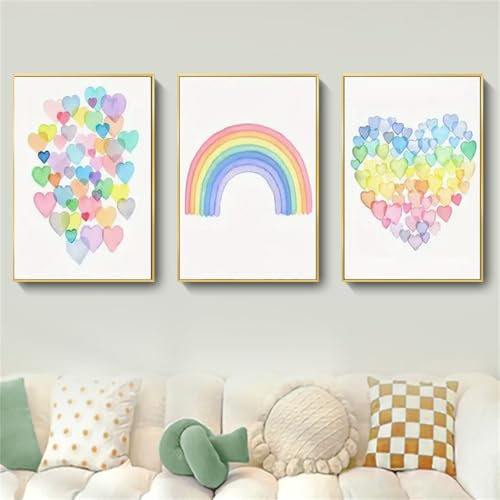 AQCQDQ 3er Set Bunte Poster Kinderzimmer, Regenbogen Liebe Aquarell Wandbilder Wohnzimmer Schlafzimmer, Wandcollagen Aesthetic Deko Poster Set, Abstrakt Leinwand Bilder, Ohne Rahmen (21x30 cm) von AQCQDQ
