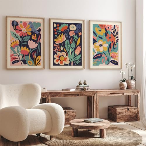 AQCQDQ 3er Set Leinwand Poster, Moderne Nordisch Blumen Abstrakt Persönliche Poster, Bunte Wildblume Dopamin Deko Aesthetic Aquarell Wandbilder Deko, Ohne Rahmen Wandposter (40x50 cm) von AQCQDQ