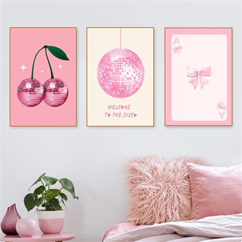 AQCQDQ 3er Set Wandbilder Poster Schleife Kirche Rund Rosa Poster Dopamin Decor, Rote Disco-Schleife Poster & Kunstdrucke Ästhetische Fliege Kirsche Leinwand Bilder Ohne Rahmen (21x30 cm,#05) von AQCQDQ
