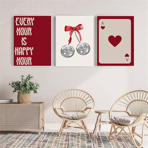 AQCQDQ 3er Set Wandbilder Poster Schleife Kirche Rund Rosa Poster Dopamin Decor, Rote Disco-Schleife Poster & Kunstdrucke Ästhetische Fliege Kirsche Leinwand Bilder Ohne Rahmen (30x40 cm,#03) von AQCQDQ