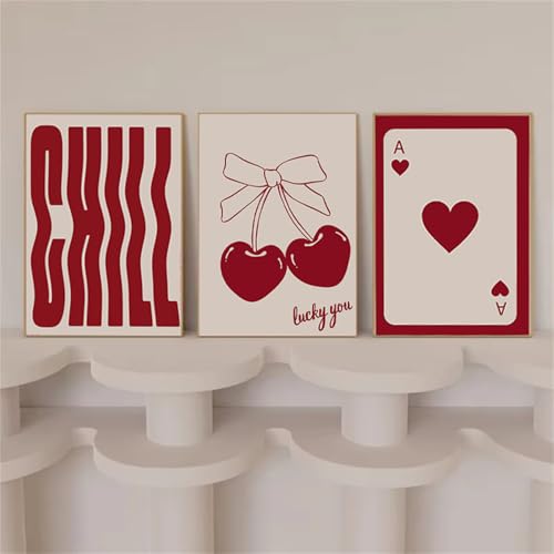 AQCQDQ 3er Set Wandbilder Poster Schleife Kirche Rund Rosa Poster Dopamin Decor, Rote Disco-Schleife Poster & Kunstdrucke Ästhetische Fliege Kirsche Leinwand Bilder Ohne Rahmen (50x70 cm,#01) von AQCQDQ