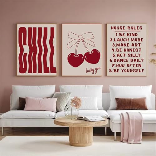 AQCQDQ 3er Set Wandbilder Poster Schleife Kirche Rund Rosa Poster Dopamin Decor, Rote Disco-Schleife Poster & Kunstdrucke Ästhetische Fliege Kirsche Leinwand Bilder Ohne Rahmen (50x70 cm,#02) von AQCQDQ
