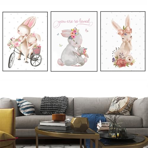 AQCQDQ Bilder Kinderzimmer Poster, 3er Hase Bilder Set, Cartoon Tiere Dekorative Malerei, Kinderbilder Mit Tieren für Mädchen & Jungen, Ohne Rahmen (21x30 cm) von AQCQDQ