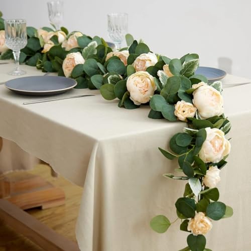 AQCQDQ Eukalyptus Seiden Rosen Pfingstrosen Girlande Deko, Blumengirlande Eukalyptus Girlande Vintage Gefälschte Blume Pfingstrose Für Klimaanlage Decke Wohnzimmer Hochzeit Feste (Champagner,1 Stück) von AQCQDQ