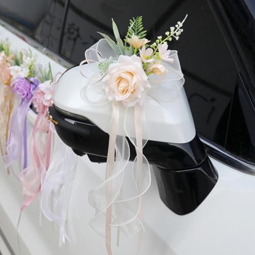 AQCQDQ Hochzeit Autoschleifen, Hochzeit Autoschmuck mit Saugnäpfen, Vintage Hochzeits Künstliche Seidenblume für Auto Rückspiegel (2 Stück,Farbe 2) von AQCQDQ