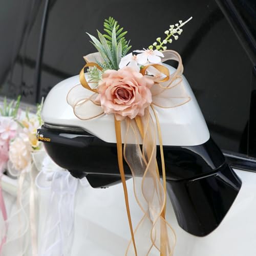 AQCQDQ Hochzeit Autoschleifen, Hochzeit Autoschmuck mit Saugnäpfen, Vintage Hochzeits Künstliche Seidenblume für Auto Rückspiegel (2 Stück,Farbe 5) von AQCQDQ