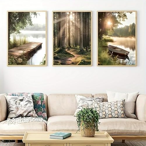 AQCQDQ Poster 3er Set Wald, Moderne Berge Wald Natur Landschaft Bilder, Sonnenschein See Berg Boot Poster, Ohne Rahmen Wandbilder (21x30 cm) von AQCQDQ