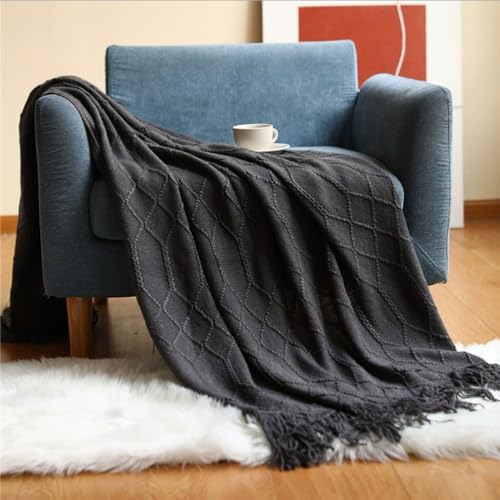 AQCQDQ Sofadecke Boho Decke Strick Decke, Decke für Betten Gestrickte Sofadecken Klimaanlage Quaste, Wendedecke Kuscheldeck, Boho Vintage Decken (schwarz,200 x 130 cm) von AQCQDQ