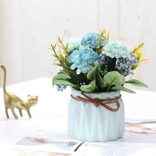AQCQDQ Topf Mini Fake Hortensien Blumen, Mini Künstlich Hortensien Künstliche Blumen mit Vase, Künstliche Deko Hortensie blühend im Topf für Tischdeko Wohnzimmer Zuhause Dekoration (Blau) von AQCQDQ