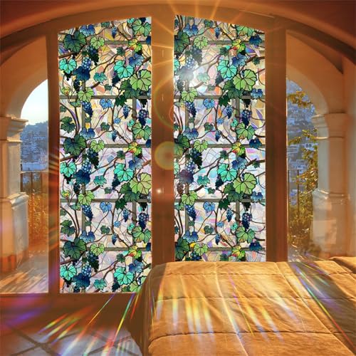 Fensterfolie Blickdicht Statische Fensterfolie, Grapevine Fensterfolie, Dekorative Fenster-Sichtschutzfolie, Fensterfolie Grün für Badezimmer Küche Schlafzimmer (45 * 200 cm) von AQCQDQ