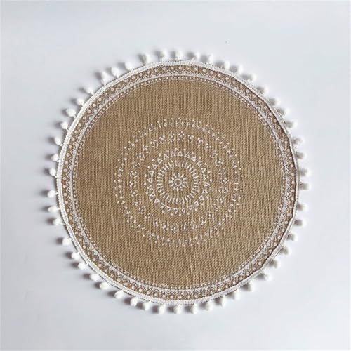Tischsets Boho Deko Outdoor 4/6er Set, Landhausstil Untersetzer Teller Handgefertigte Platzsets Rund Beige Geflochten Natürliche Baumwolle, Sackleinen Und Wasserstroh, Gewebte (6 PCS,B-#03) von AQCQDQ