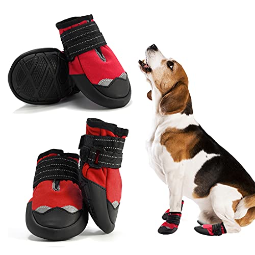 AQH 4Pcs Hundeschuhe, Pfotenschutz für Hunde mit reflektierenden Riemen, wasserdichte Hundestiefel mit weicher Sohle für Hunde (2#, Rot) von AQH